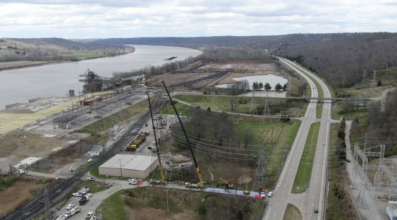 Duke Energy is removing a 240-foot transmission tower from former Beckjord coal plant site