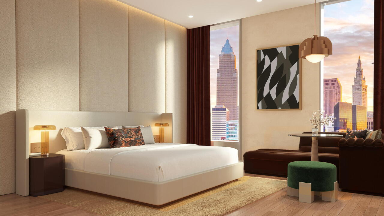 A new rendering shows a guest room at the W Cleveland hotel at Erieview Tower. The 210-room hotel is scheduled to open in late 2027 or early 2028.