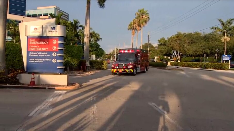 Ambulance arriving at Memorial Regional Hospital in Hollywood after shooting on May 29, 2023