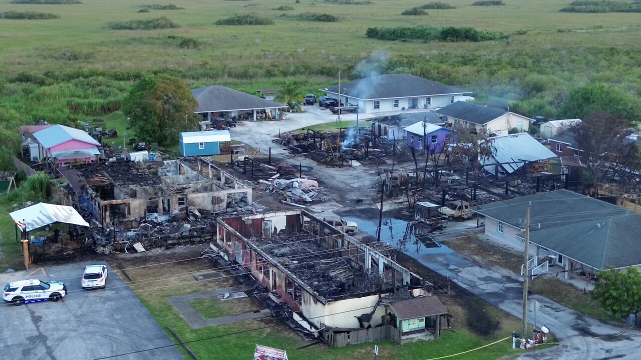 An aerial view of the aftermath of the fire at the Miccosukee tribe fire camp