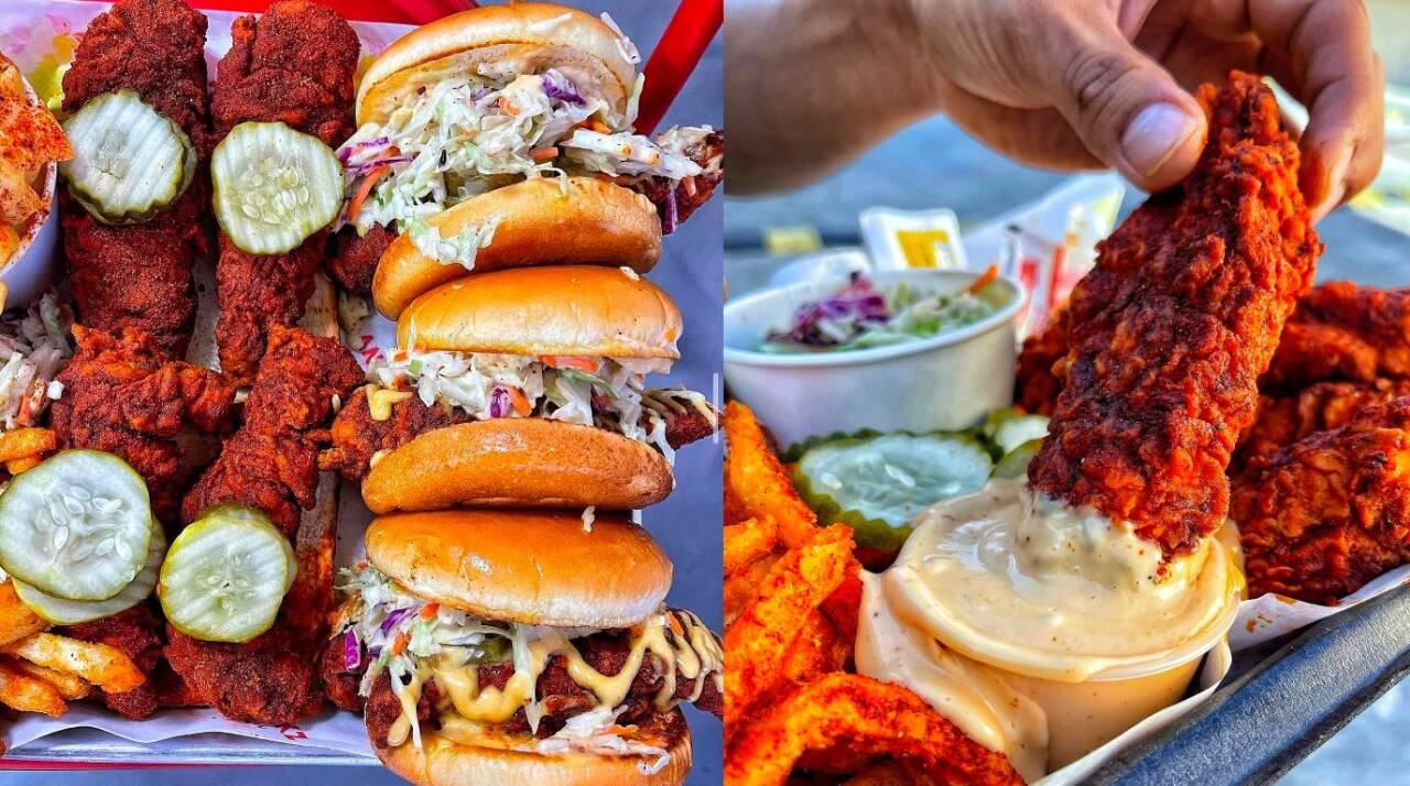 The restaurant showcasing its specialty: chicken tenders from different spice levels.