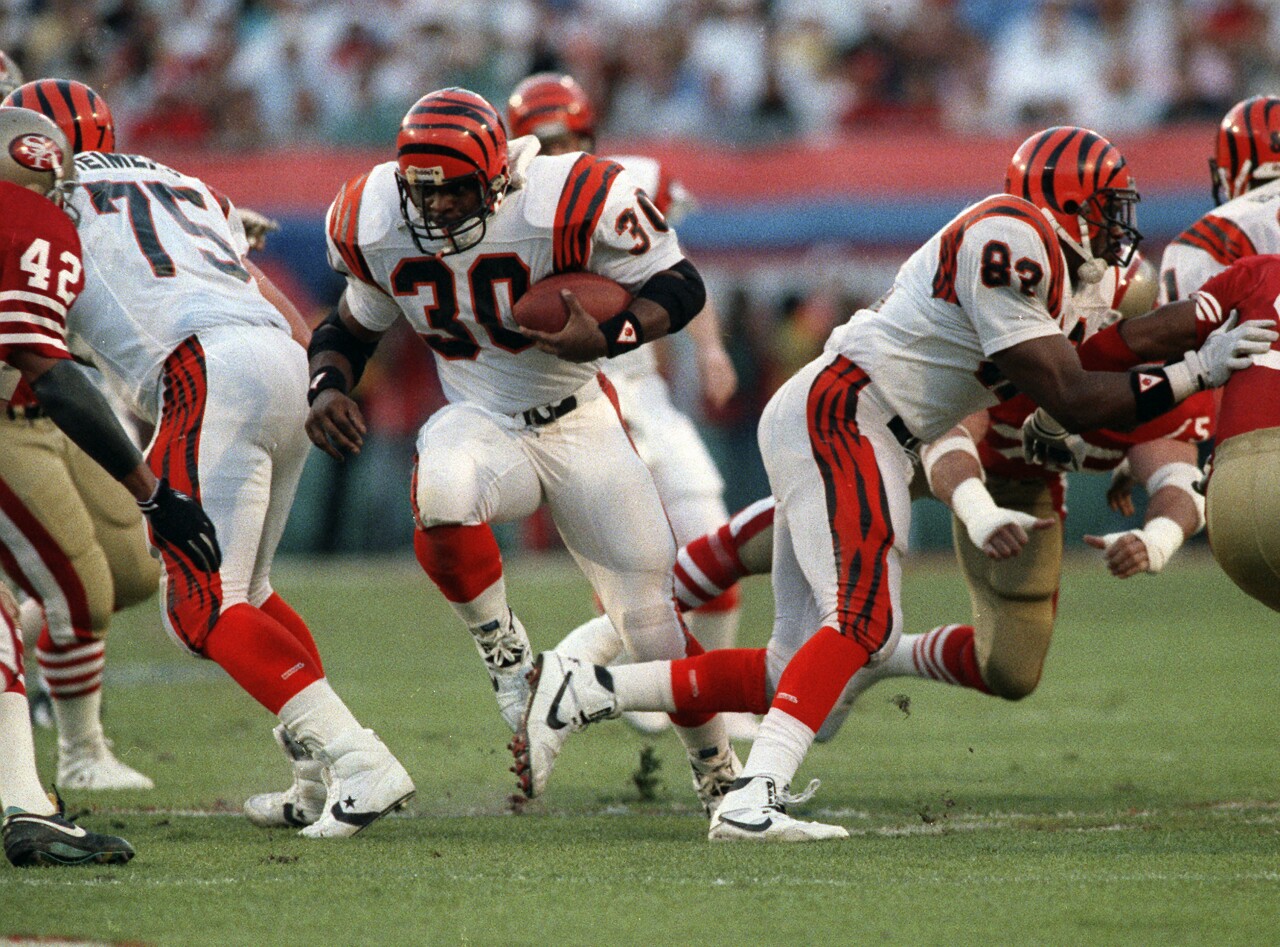 Cincinnati Bengals running back Ickey Woods vs. San Francisco 49ers in Super Bowl XXIII, Jan. 22, 1989