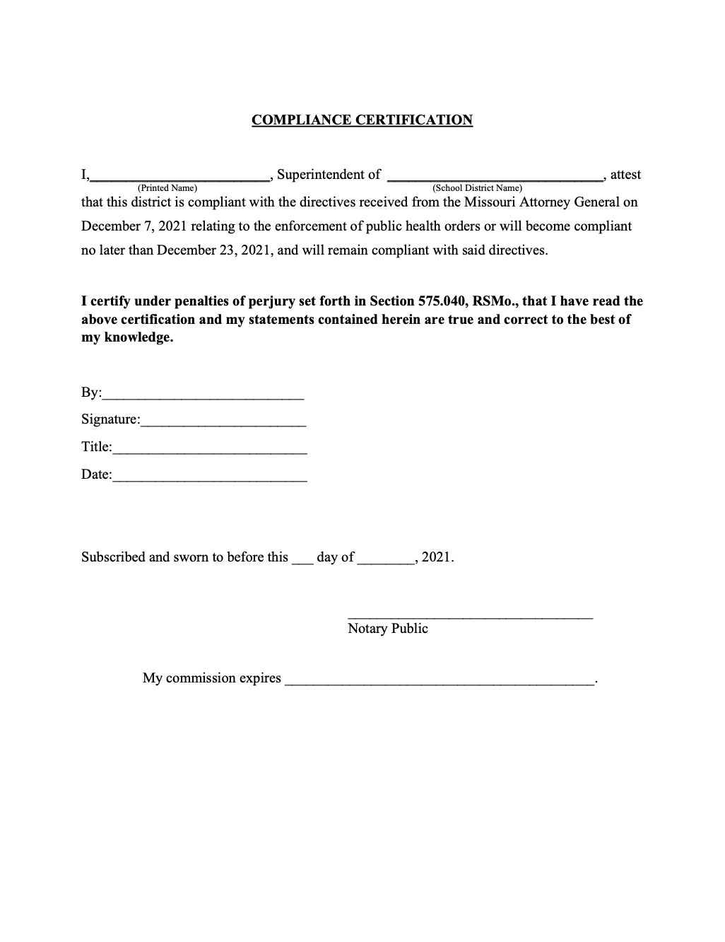 MO treasurer compliance letter