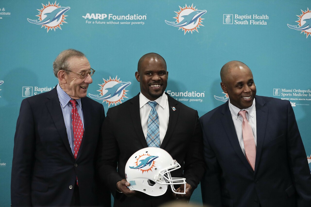 Brian Flores introduced as Miami Dolphins head coach in 2019 with owner Stephen Ross and general manager Chris Grier