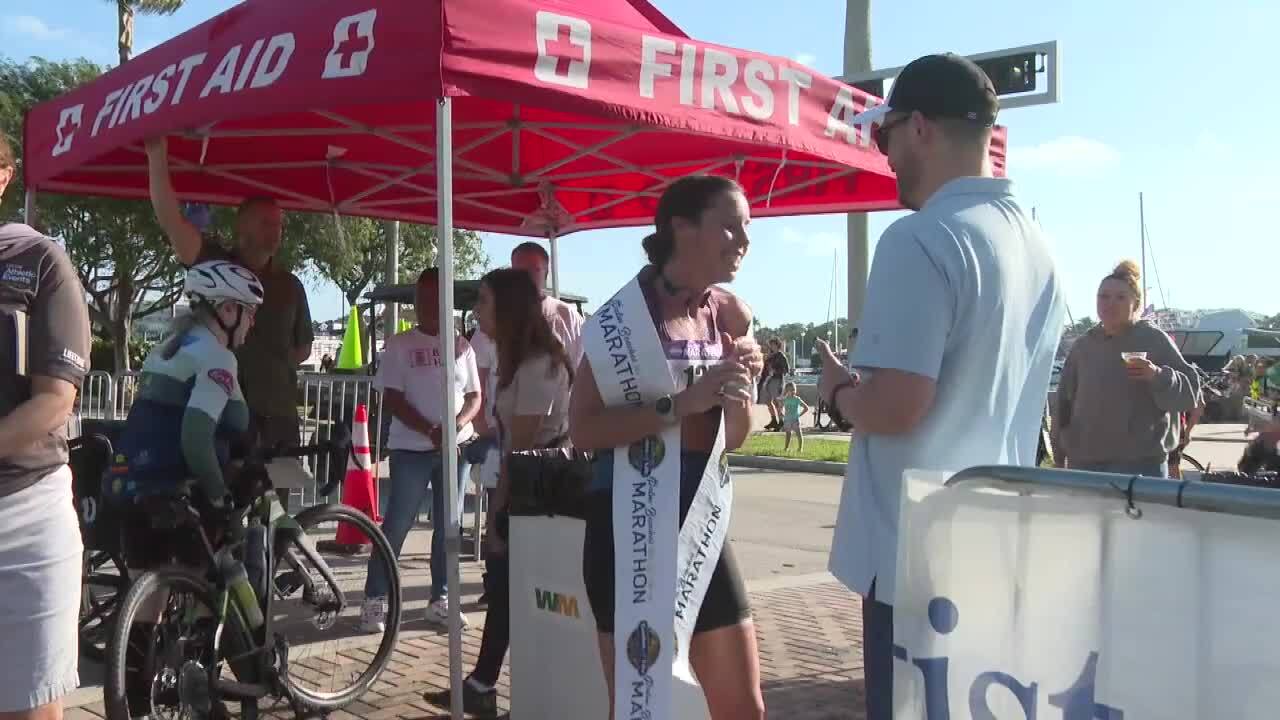 Alana Rodriguez, 39, of Ann Arbor, Michigan, was the first woman across the marathon finish line in 3:01.08. Dec.10, 2023