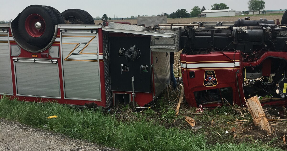 Firefighter remains hospitalized after engine truck overturns