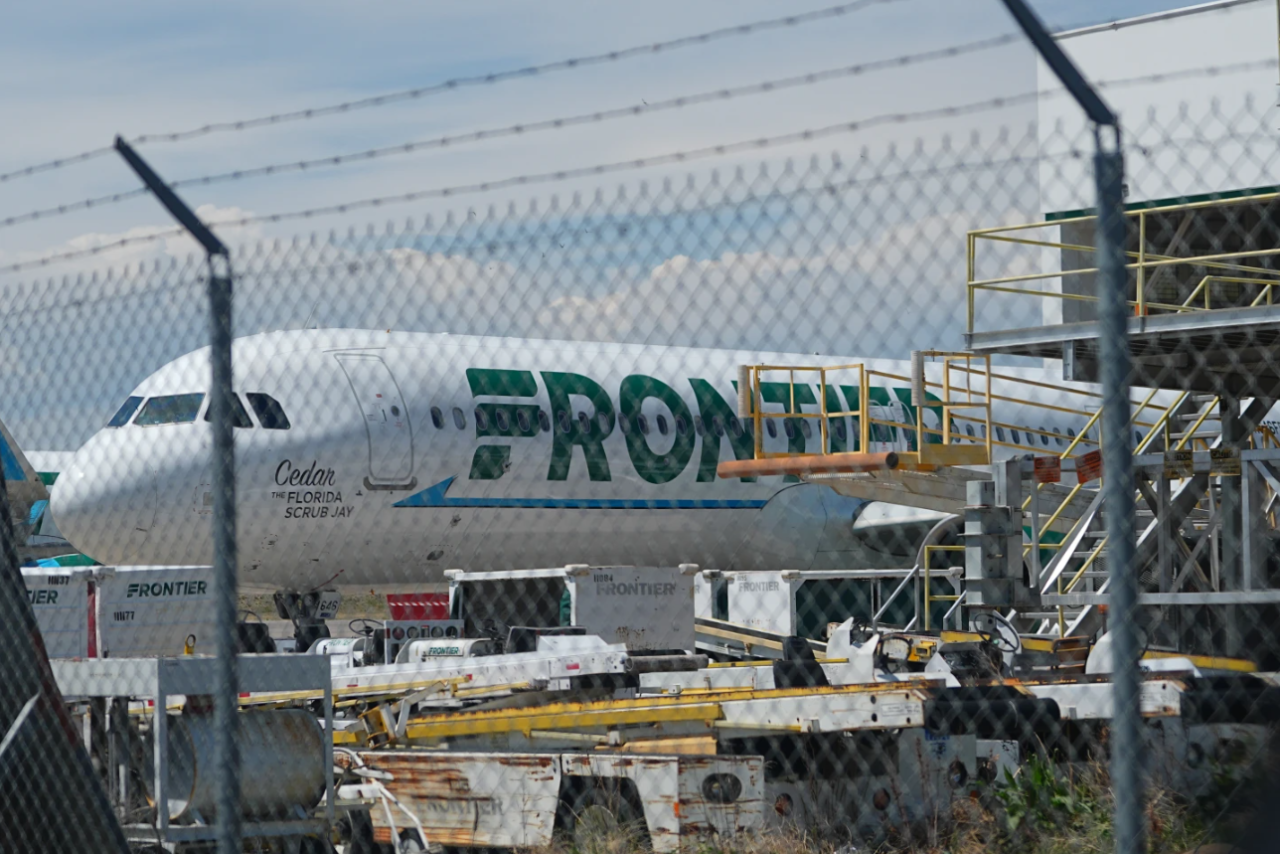 Frontier Airlines jetliner number n646fr sits outside the airlines' technical operations center with other jetliners in for service north of Denver International Airport Saturday, May 9, 2026, in Denver.
