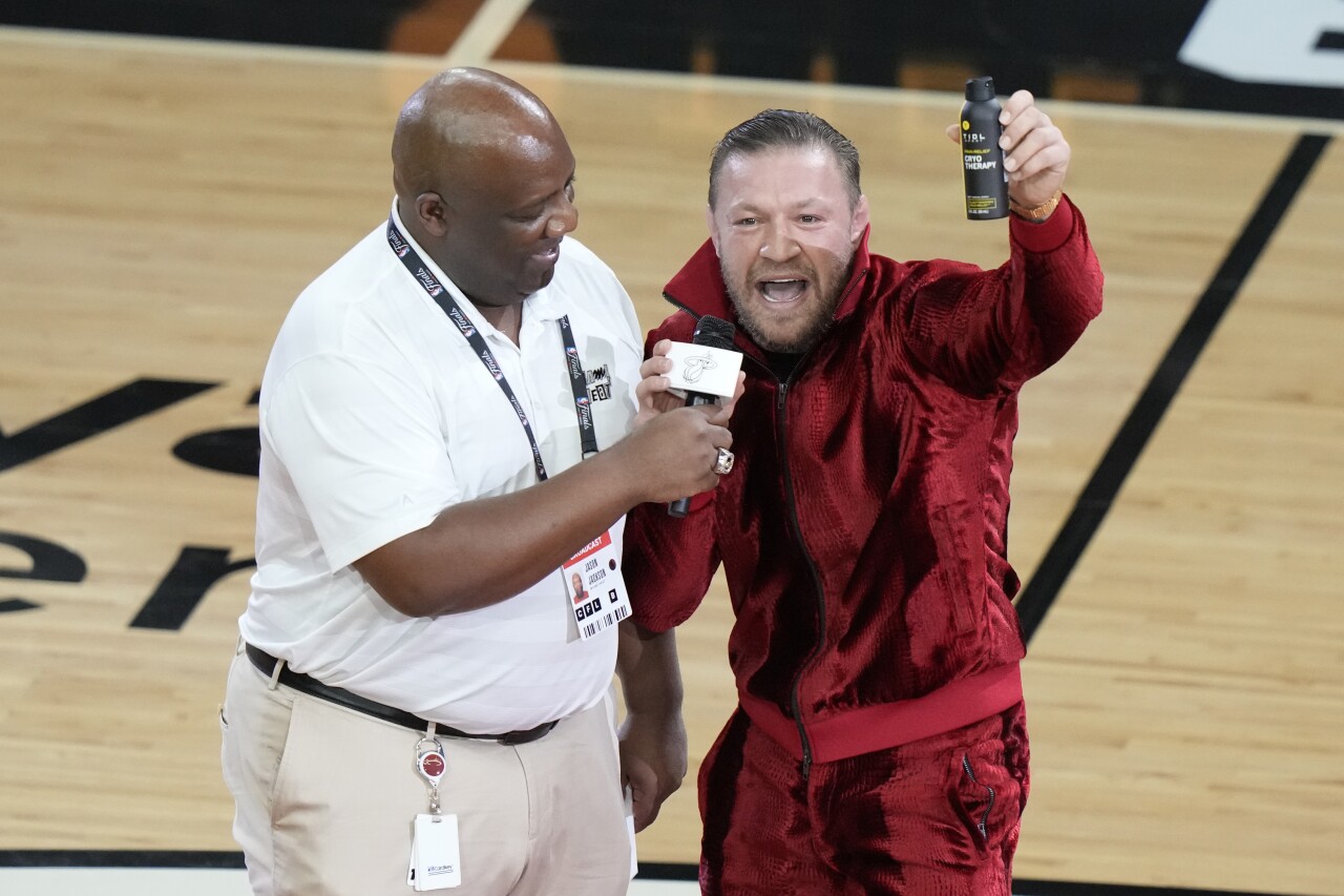 Conor McGregor promotes pain-relief spray during break in Game 4 of NBA Finals, June 9, 2023