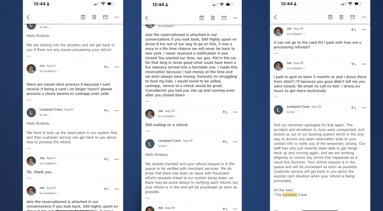 Email exchange between Kristina Louise and the Lockport Cave Tours