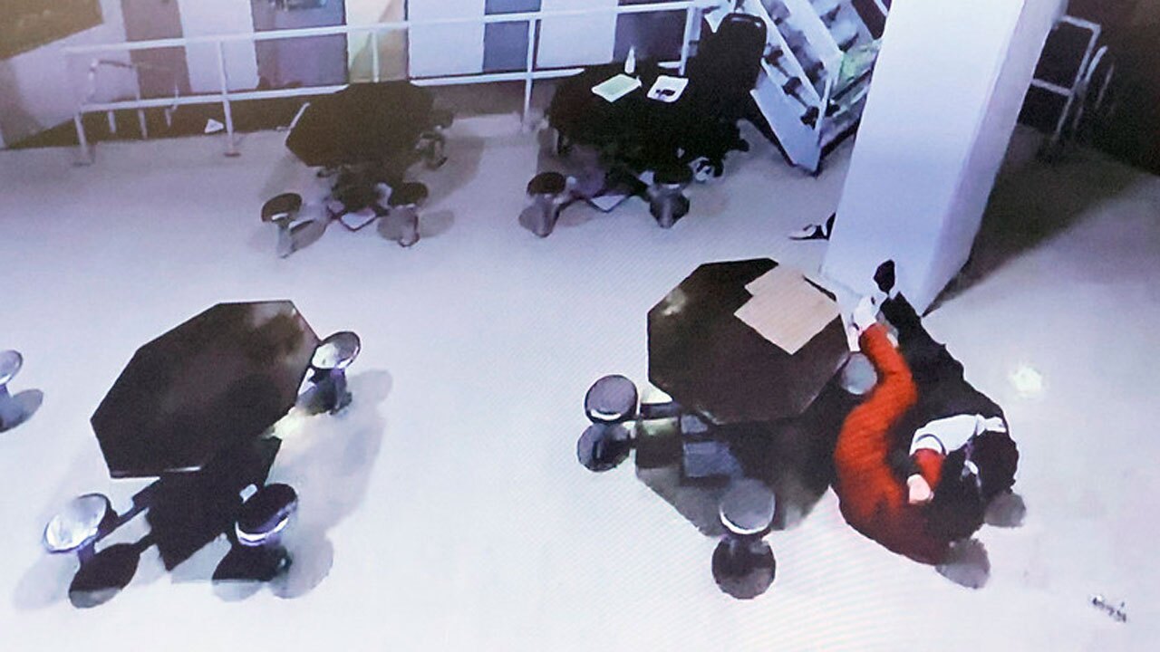 Video frame grab of Broward Sherif's Office Sgt. Raymond Beltran and Nikolas Cruz during a jail house fight in 2018. Nikolas Cruz is being tried in the penalty phase of his trial at the Broward County Courthouse in Fort Lauderdale on Wednesday, July 27, 2022.