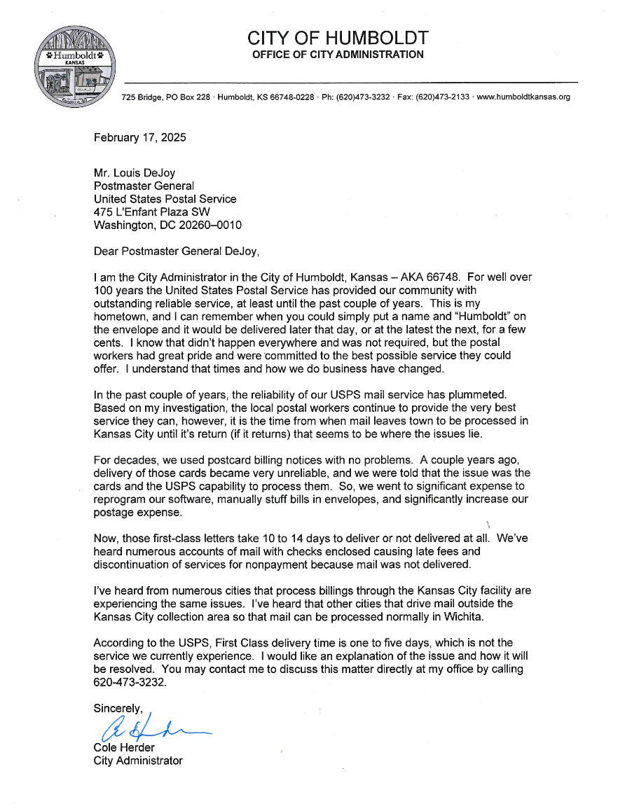 City of Humboldt Letter