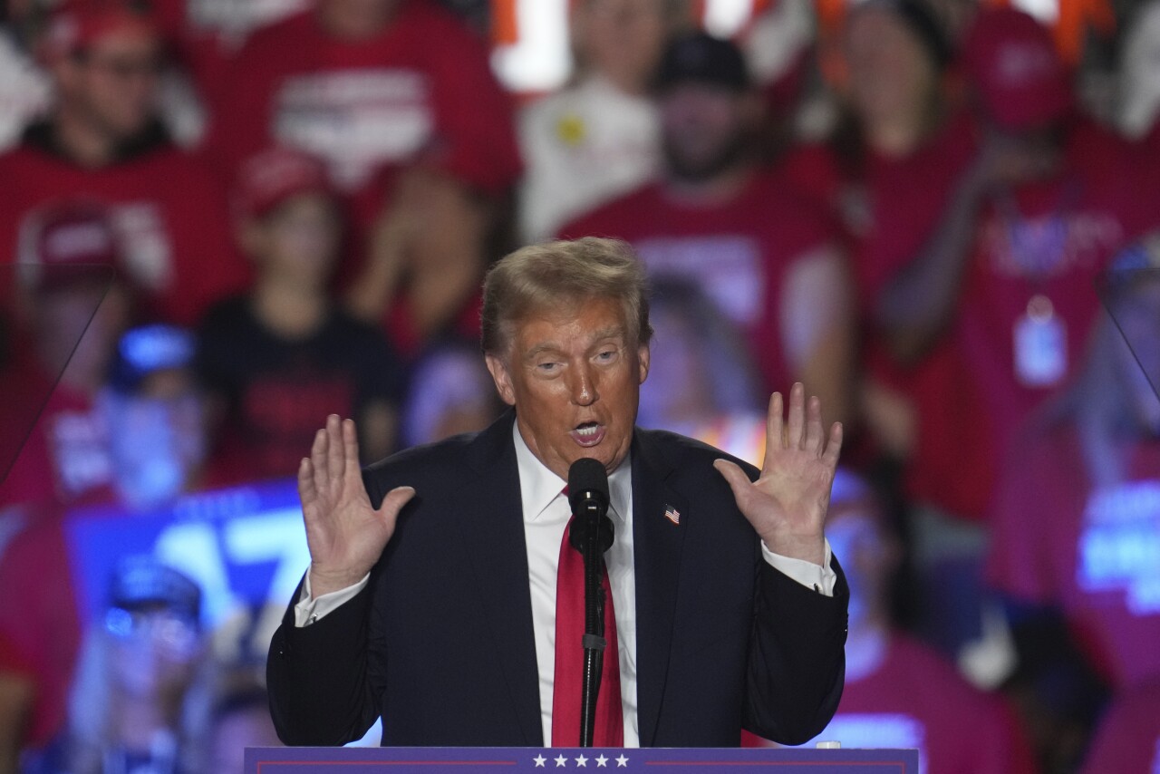 Republican presidential nominee former President Donald Trump speaks at a campaign rally at Macomb Community College.