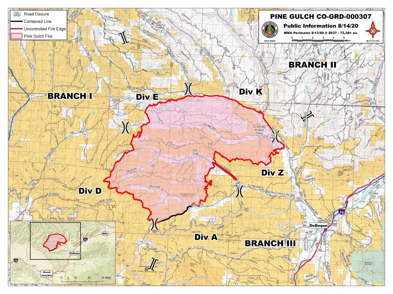 Pine Gulch Fire map_Aug 13 2020 8:37pm