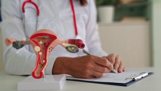 Gynecologist consults woman with a model of a uterus. 