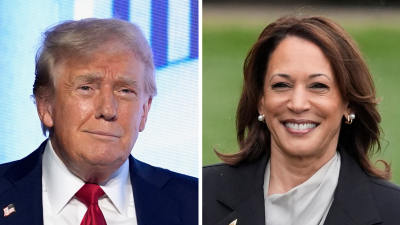 This combination photo shows former President Donald Trump, left, and Vice President Kamala Harris.