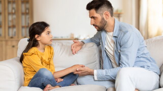 Supportive,Arabic,Dad,Talking,To,Sad,Preteen,Daughter,,Supporting,Her