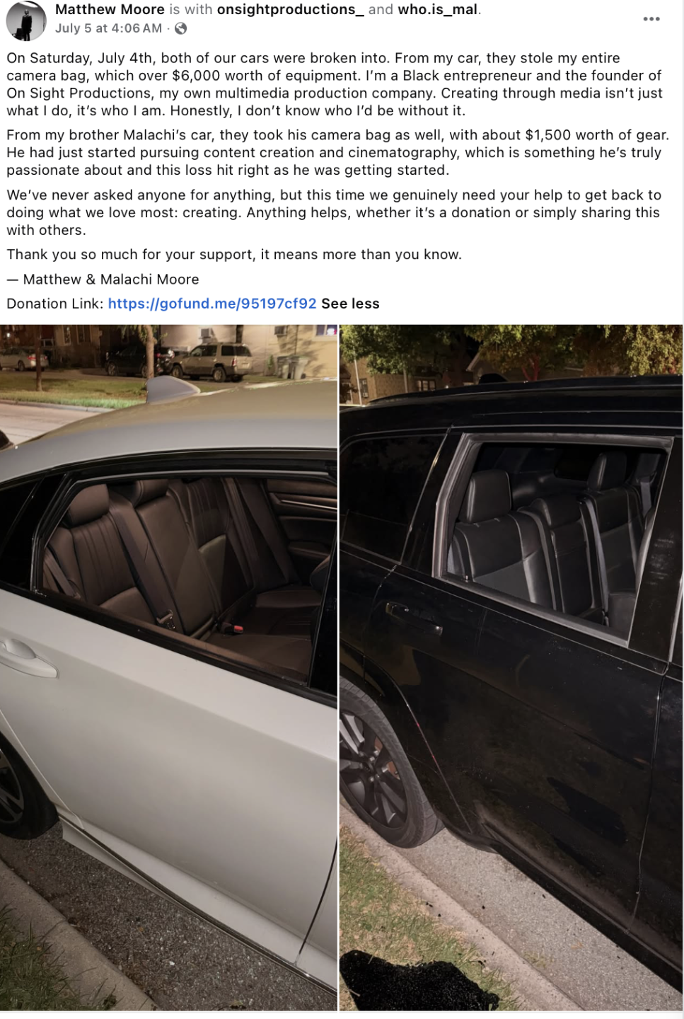 Matthews Facebook Post pleading for the communities help