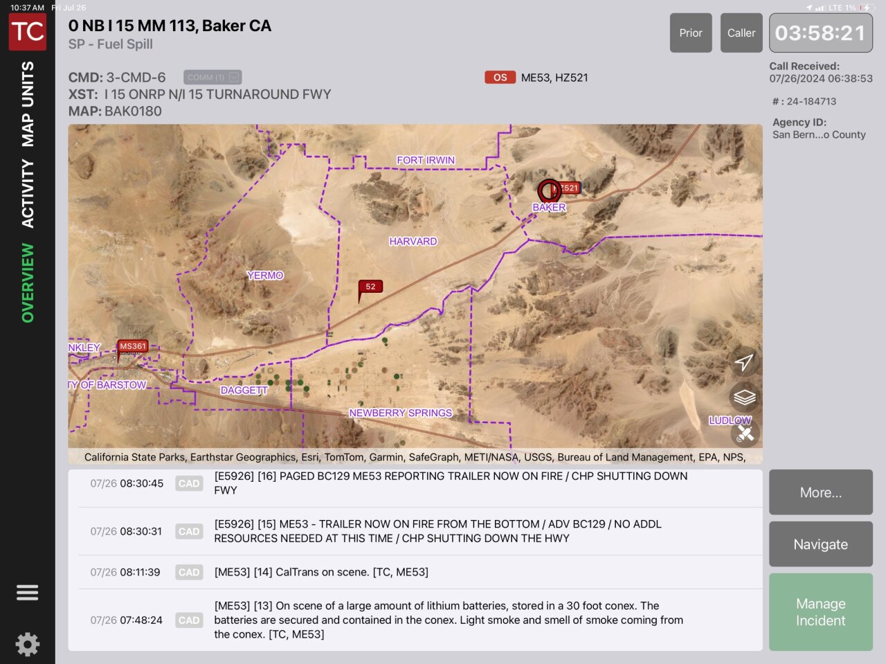Truck fire on I-15 near Baker, Calif.