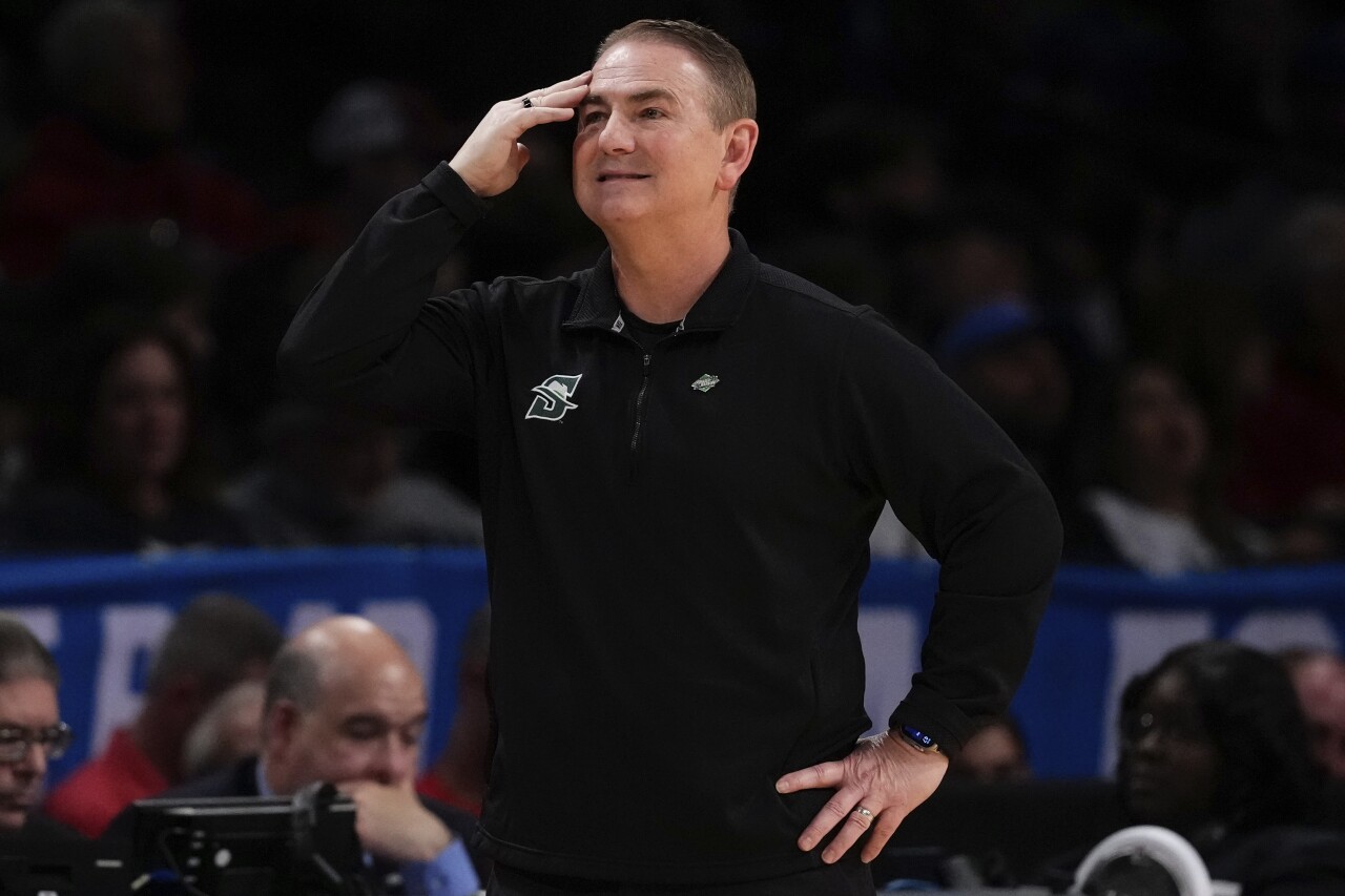 Stetson Hatters basketball coach Donnie Jones in NCAA tournament, March 22, 2024