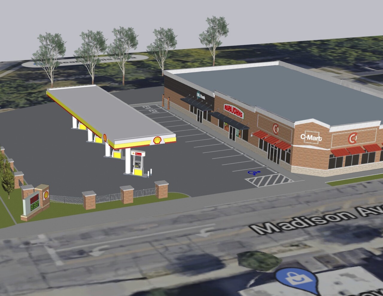 A conceptual image from a Cleveland Board of Zoning Appeals meeting shows the proposed gas station on Madison Avenue.