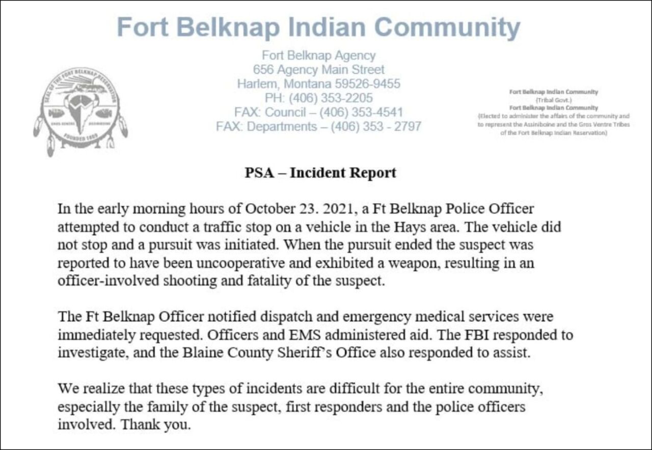 Fort Belknap statement on shooting of Clayburn Grant