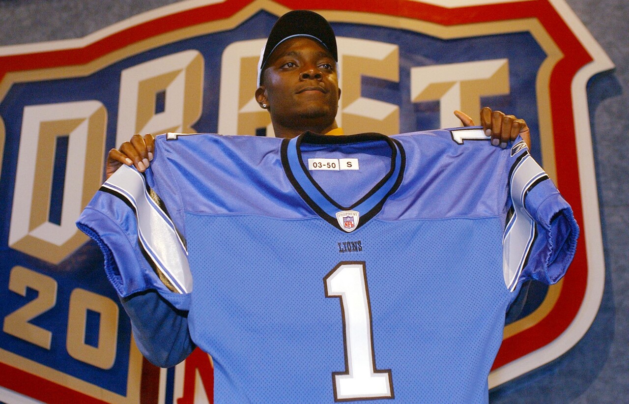 Georgia quarterback Matthew Stafford holds up his Detroit Lions jersey  after he is selected by the Lions as the number 1 overall pick at the 2009  NFL Draft at Radio City Music