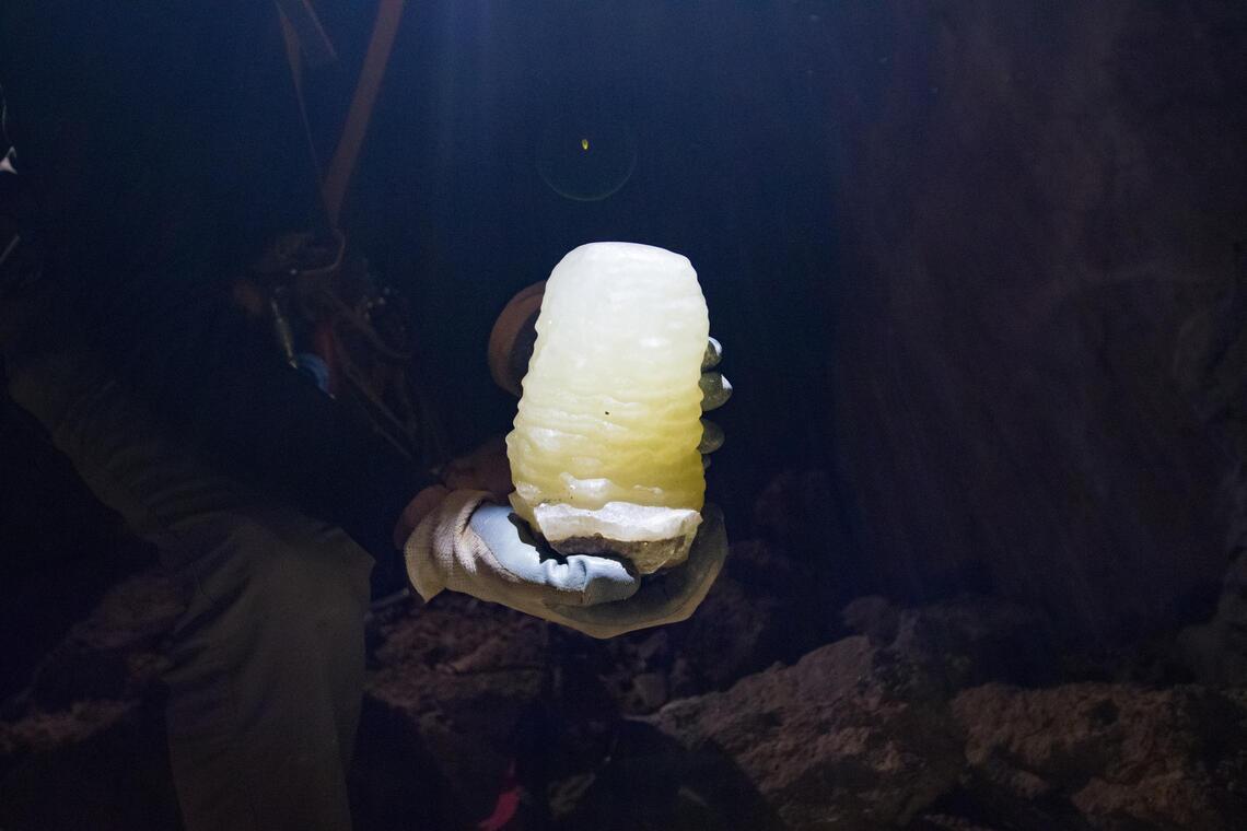 UNLV paleoclimatologist Matthew Lachniet retrieved the stalagmite from an undisturbed Grand Canyon cave in 2017. (Laura Sangaila)