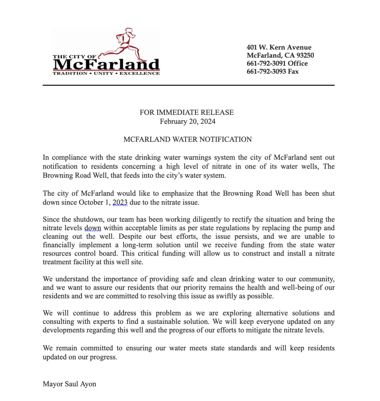 Full Copy of McFarland Water Notice