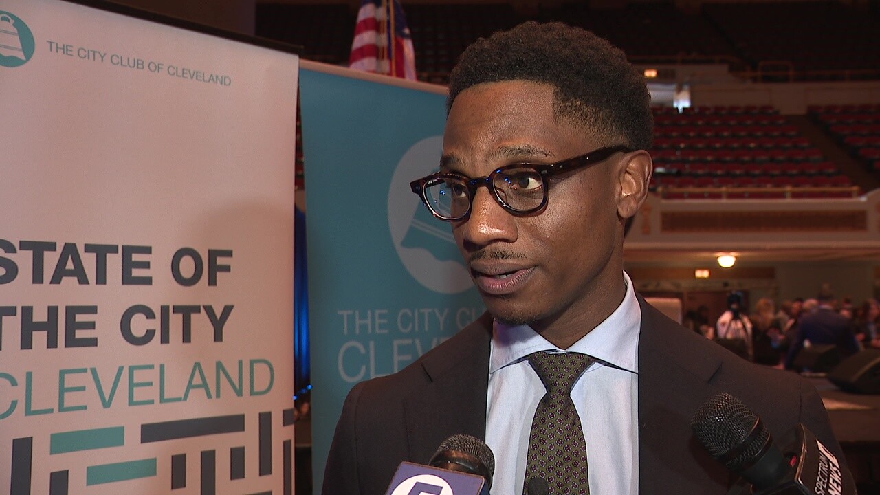 Cleveland Mayor Justin Bibb talks to reporters after the State of the City event on Wednesday.