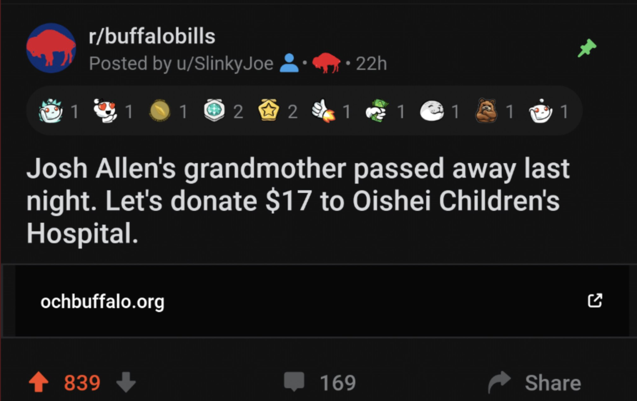 Oishei donations Reddit post