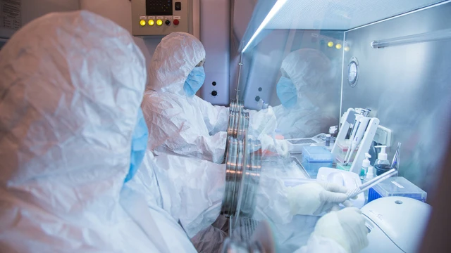 This undated photo, released in 2019, by the Irkutsk Anti-Plague Research Institute of Siberia and Far East, shows the institute workers in a lab.