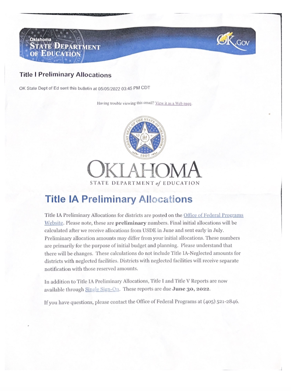 preliminary title i allocations