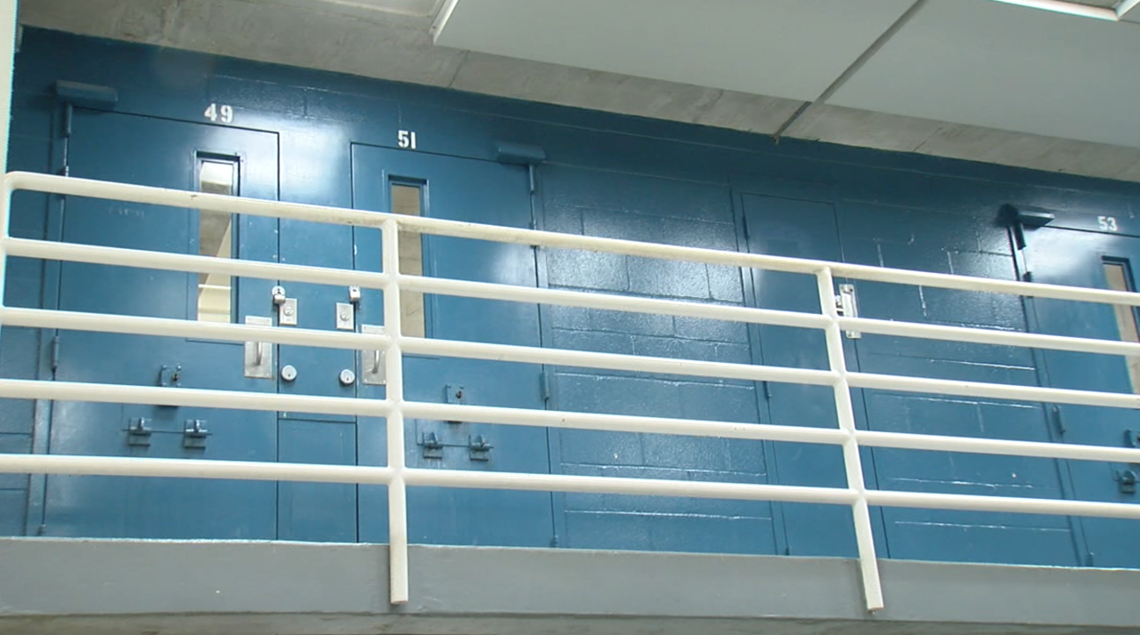 Padlocked cells with broken windows at the Hamilton County Justice Center.