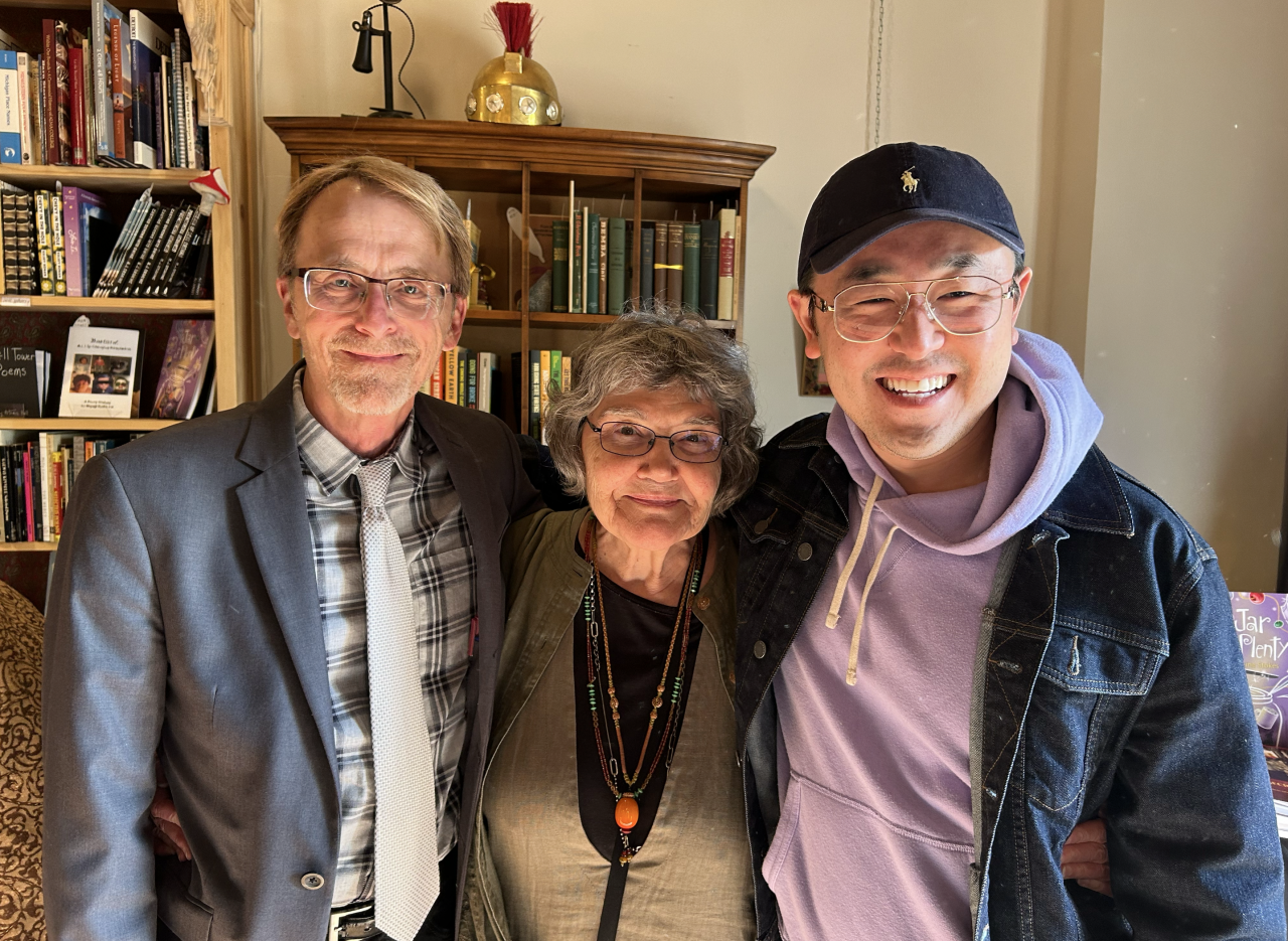 Former Poet Laureates Dennis Hinrichsen and Masaki Takahashi with Ruelaine Stokes.
