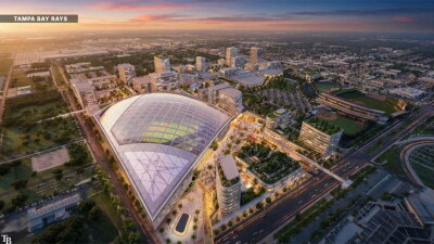 Artist rendering of the new baseball stadium in Tampa for the Tampa Bay Rays, located at Hillsborough College.