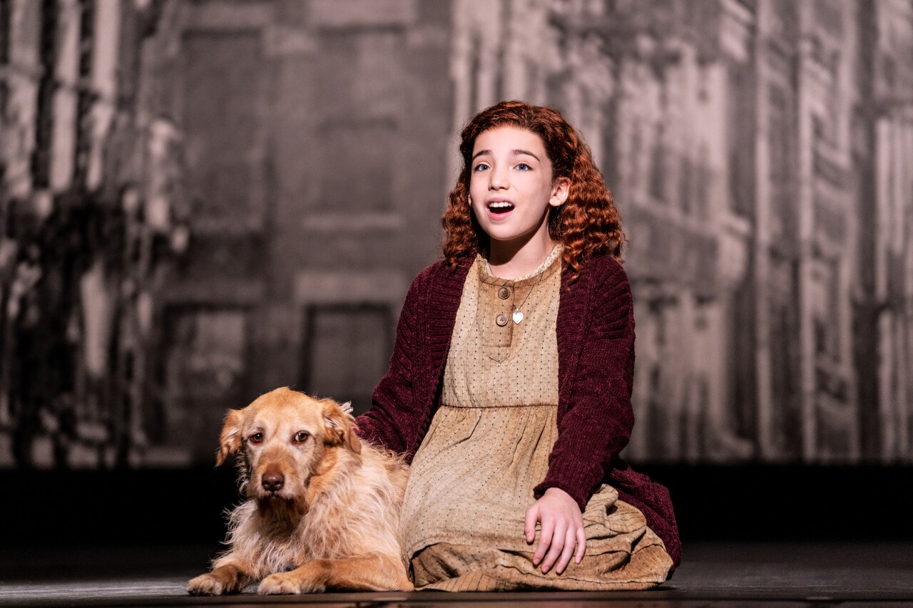 Ellie Pulsifer as Annie and Addison as Sandy in the 2022 company of ANNIE. Photo credit_ Matthew Murphy and Evan Zimmerman for MurphyMade (1).jpg
