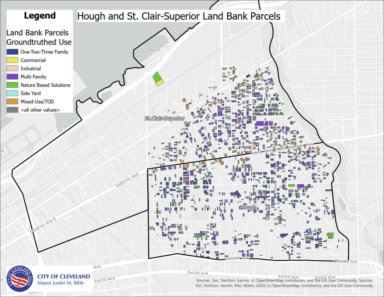 A map provided by the city shows land bank parcels in Hough and St. Clair-Superior and their recommended uses.