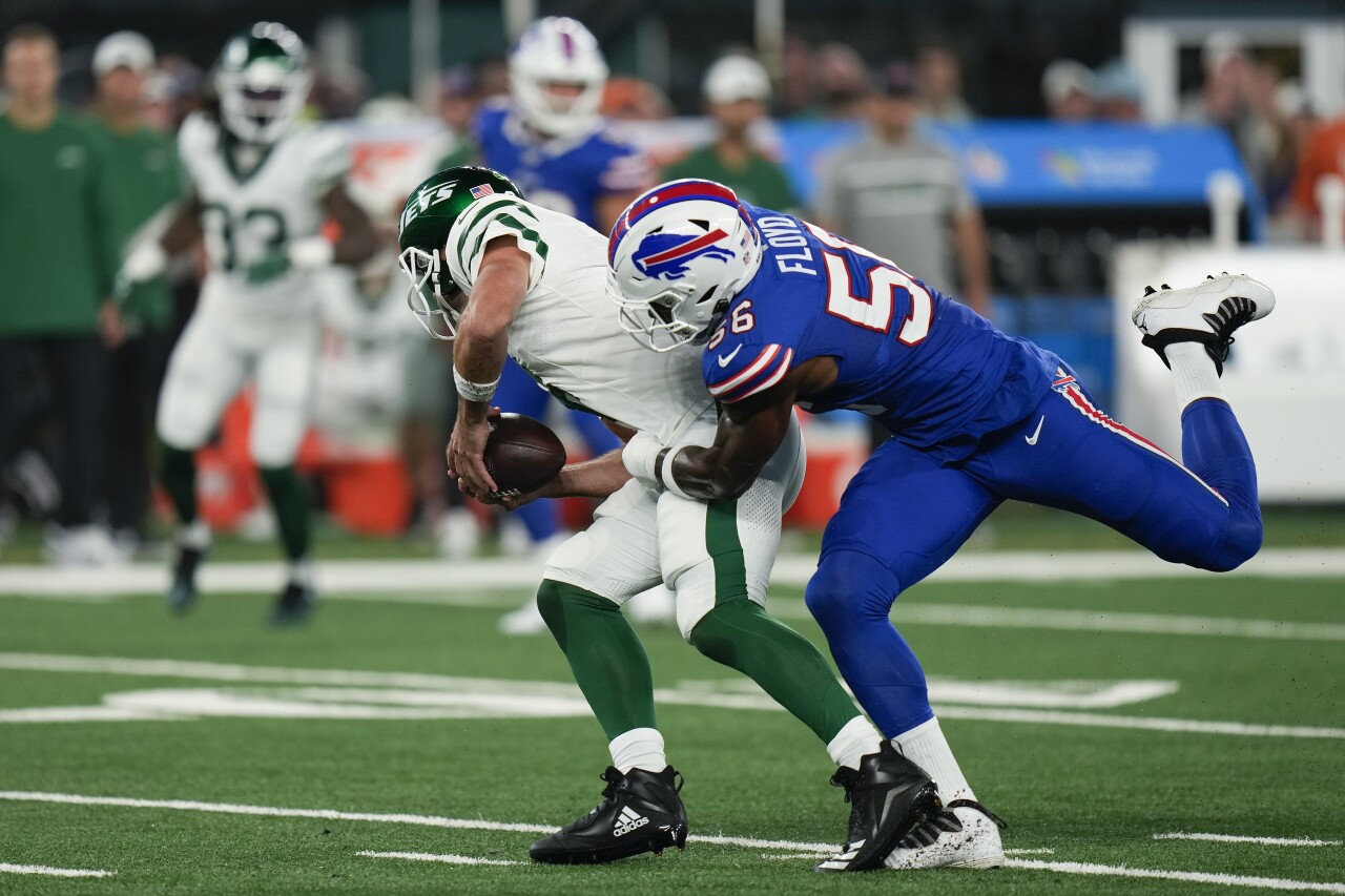 New York Jets QB Aaron Rodgers sacked by Buffalo Bills defensive end Leonard Floyd in first quarter of 'Monday Night Football' game, Sept. 11, 2023