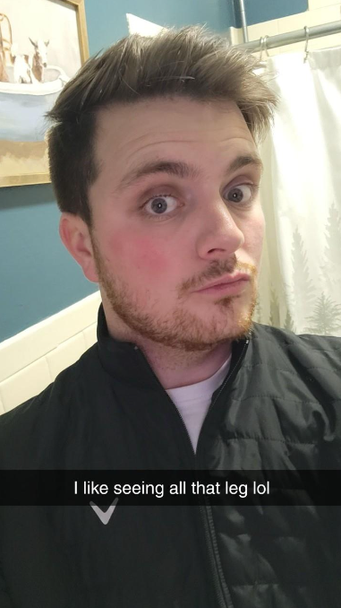 Snapchat from Enwright's criminal complaint with the caption 'I like seeing all that leg lol'