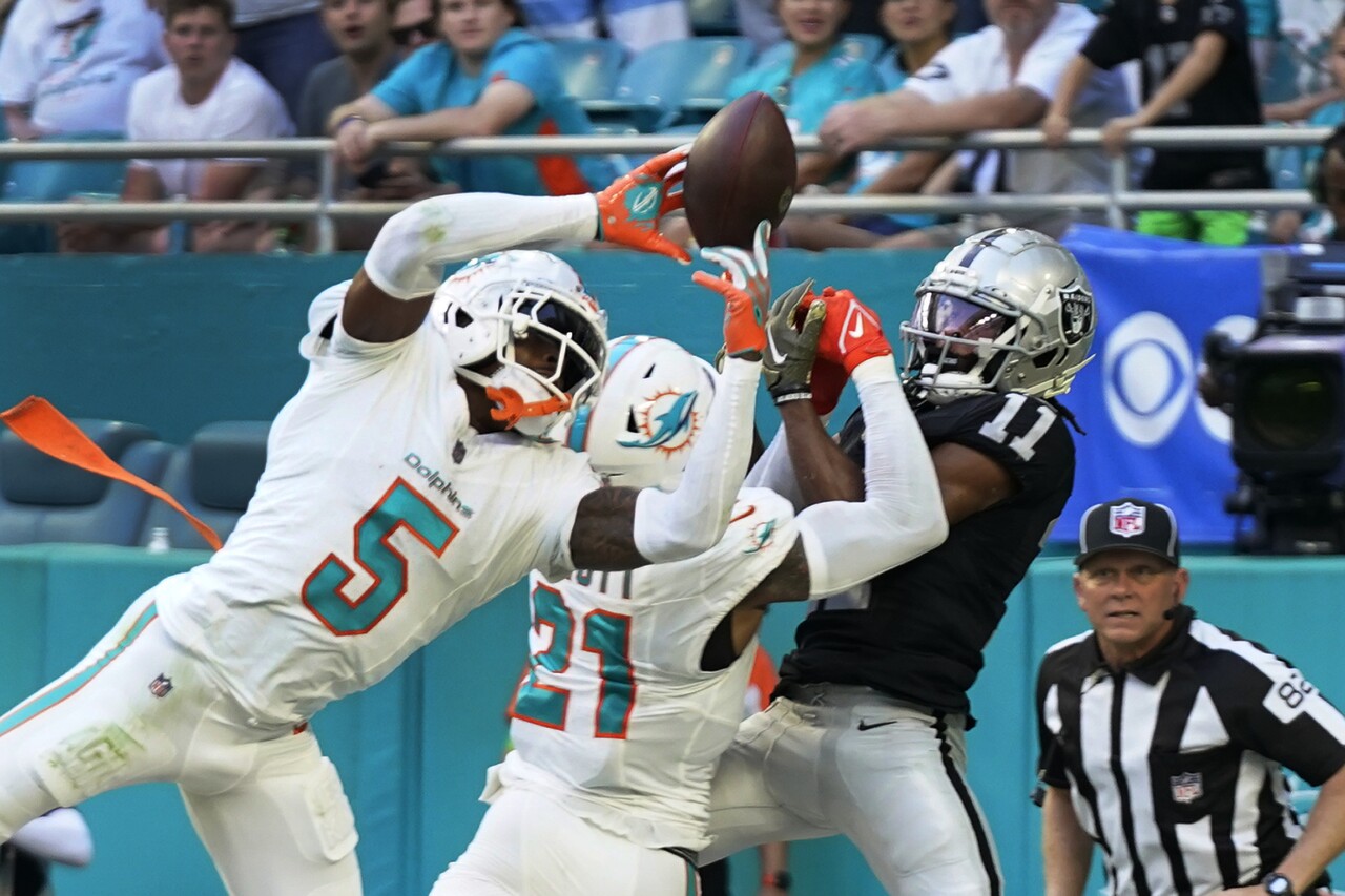Miami Dolphins cornerback Jalen Ramsey intercepts game-sealing pass in end zone intended for Las Vegas Raiders receiver Tre Tucker, Nov. 19, 2023