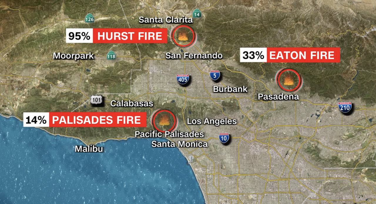 A map provided by CNN showing the Palisades, Hurst and Eaton fires in Southern California.