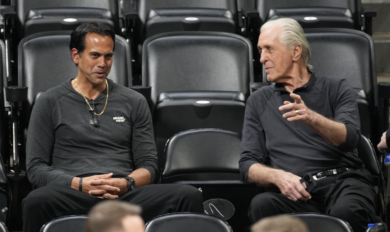 Miami Heat head coach Erik Spoelstra and president Pat Riley speak during NBA Finals practice, June 3, 2023