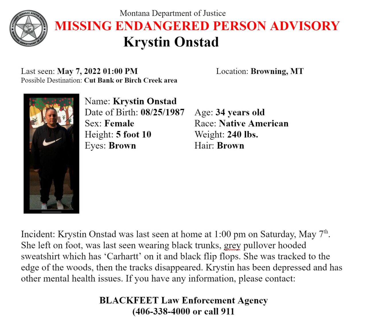 Missing-Endangered Person Advisory issued for Browning woman