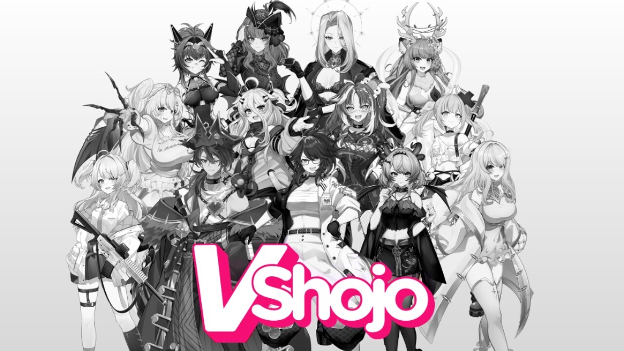 An image showing the VShojo logo and the numerous VTubers that were, until recently, contracted with the company. The logo remains in Pink and White, while the rest of the image is desaturated.