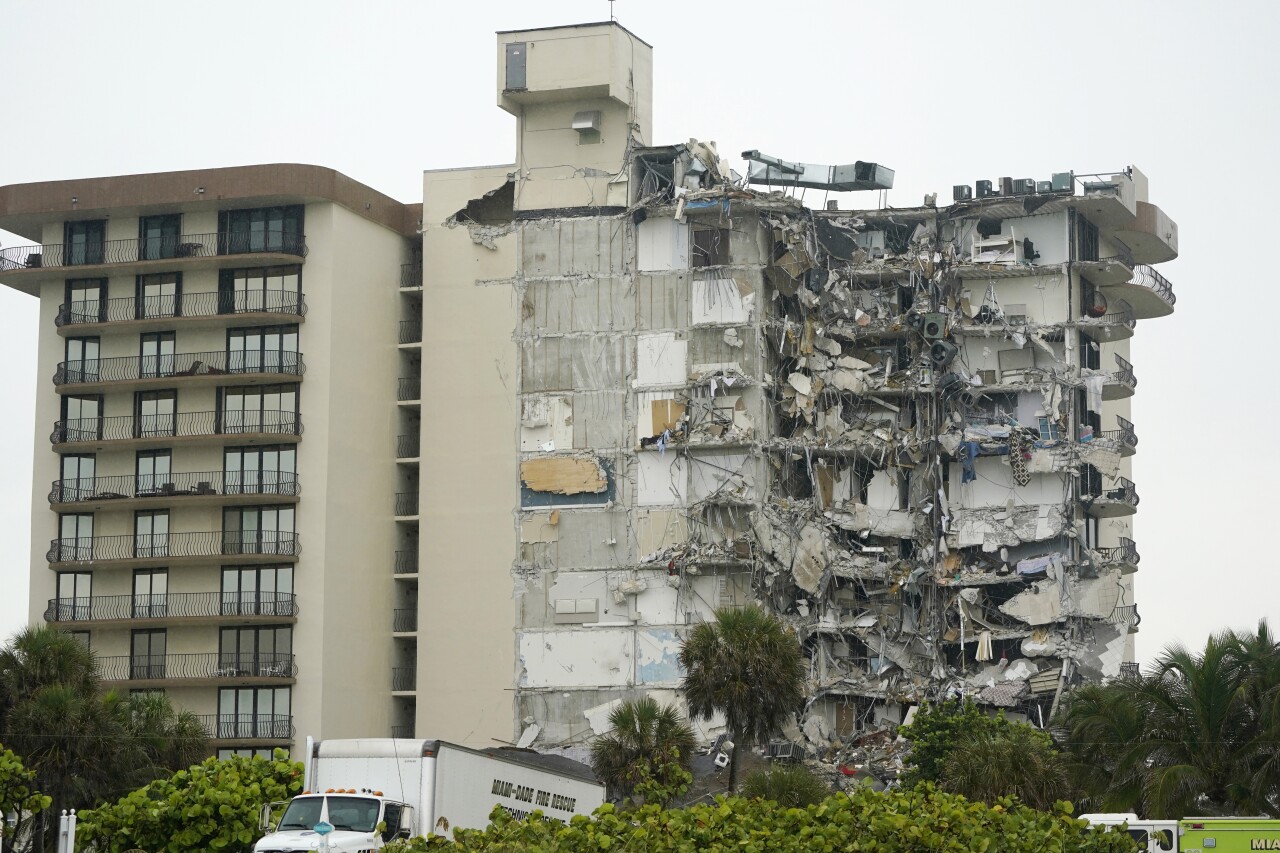 View of Champlain Towers South condo building after partial collapse, June 24, 2021