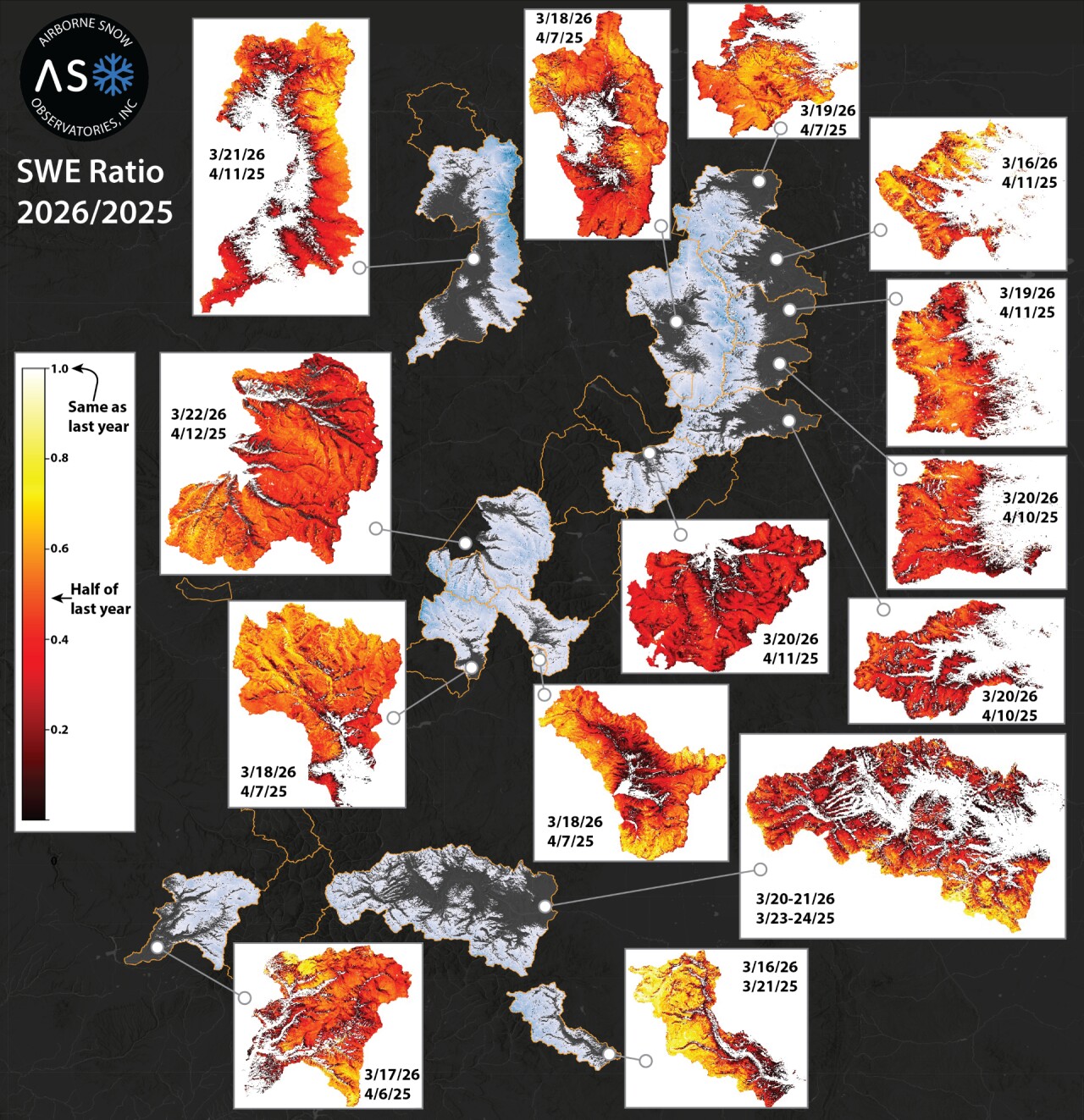 Watersheds across Colorado saw much less snowpack in 2026 compared to 2025.