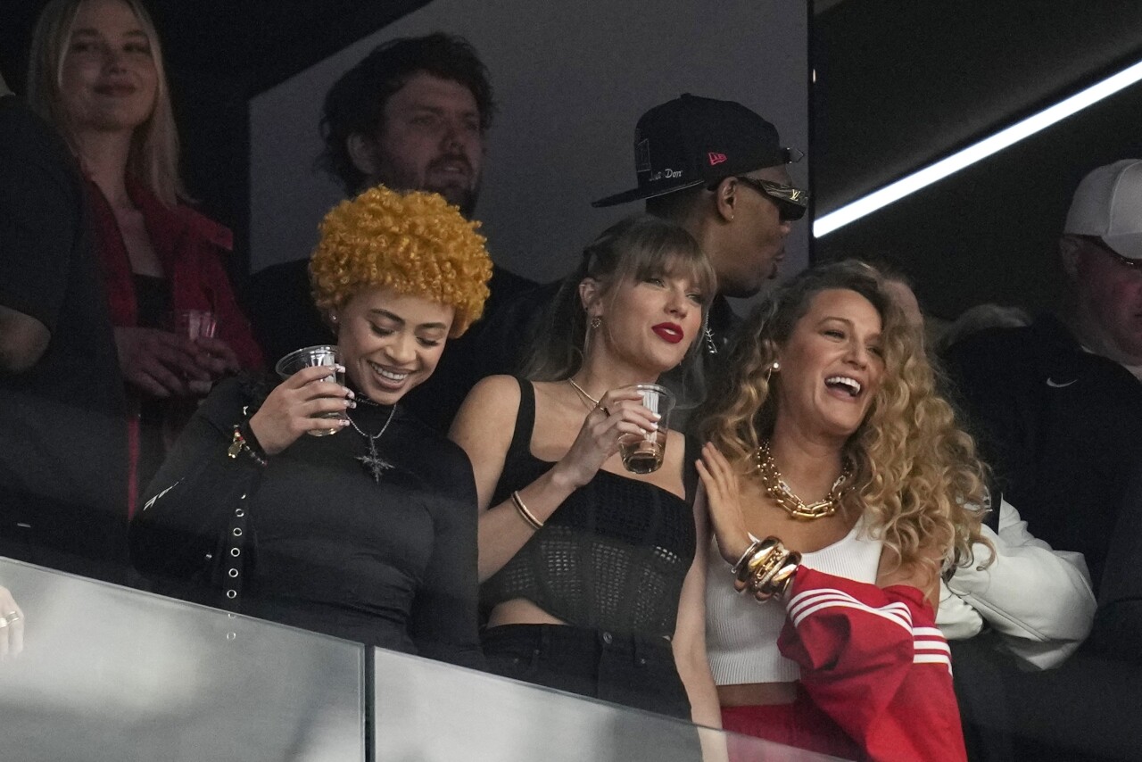 Taylor Swift with Ice Spice and Blake Lively before Super Bowl LVIII, Feb. 11, 2024