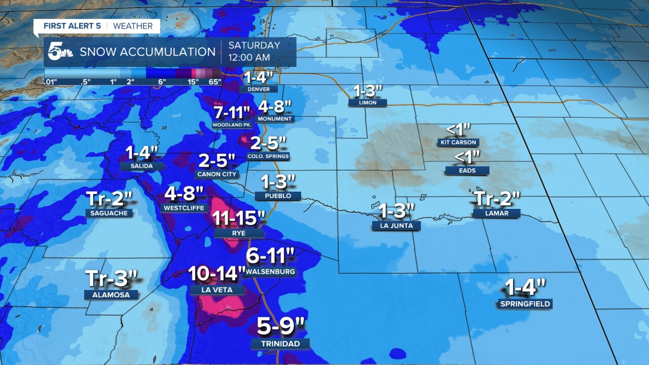 Snow total forecast for southern Colorado Thursday and Friday