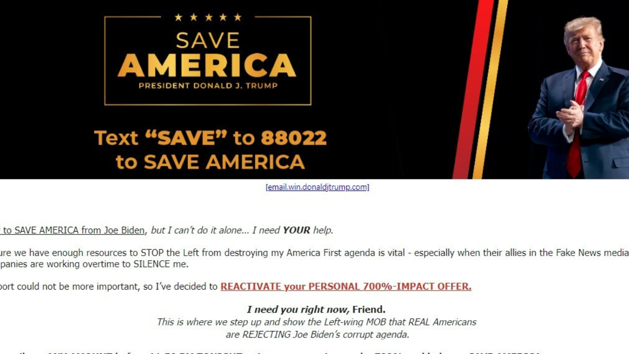 Email solicitation from Save America PAC supporting Donald Trump