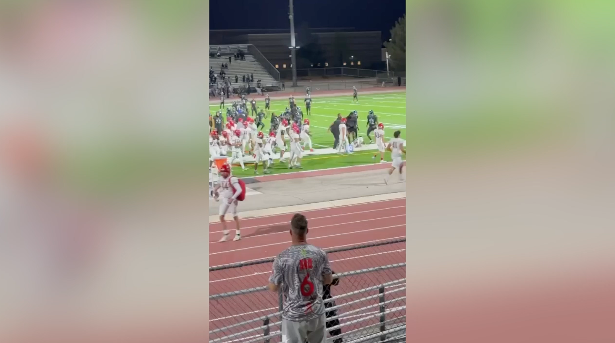 Screenshot of video showing late-September fight during football game between Arbor View and Desert Pines